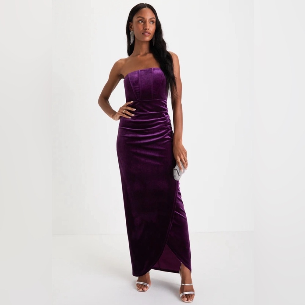 Lulus Glamorous Celebrations Velvet Strapless Maxi Dress in Purple Size XS
